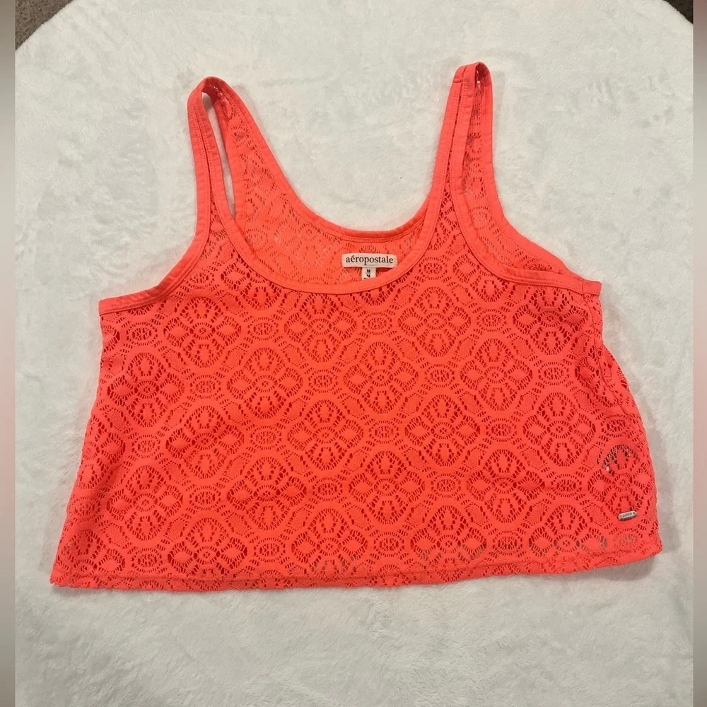 Aeropostale Neon Coral Pink Lace Crop Tank Top - Size Medium